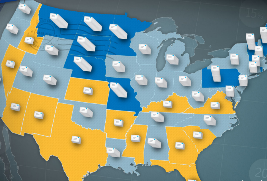 Map of United States with mail density icons