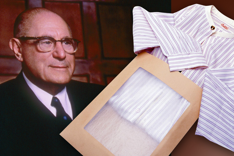 E.B. Berkowitz in a picture from the mid-1950s is shown here alongside the shirt-packaging envelope.