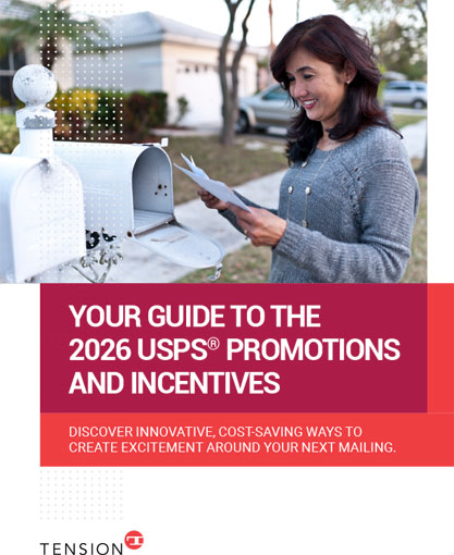 A woman smiles while checking her mail next to a white mailbox. Text below reads: Your guide to the 2026 USPS® promotions and incentives. Tension Envelope red logo in lower left corner.